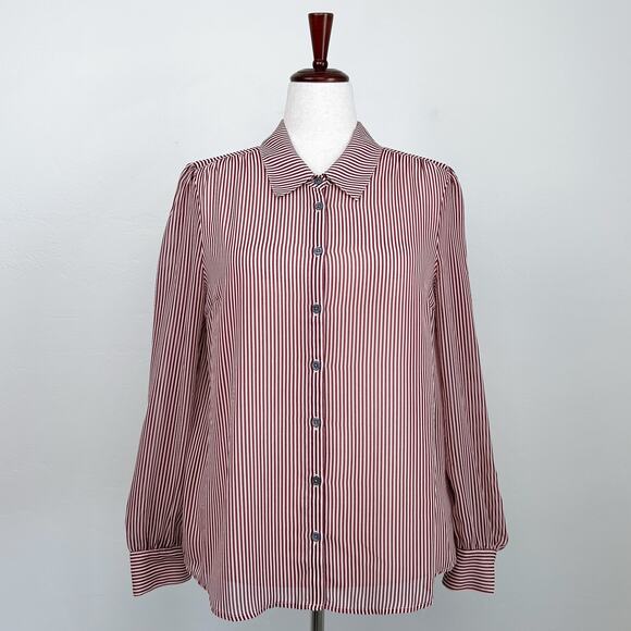 ModCloth Sheer Red Pinstripe Collar Button-Up Blouse - Picture 1 of 11